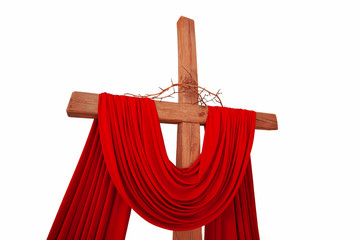 A wooden christian cross with a crown of thorns isolated on whit