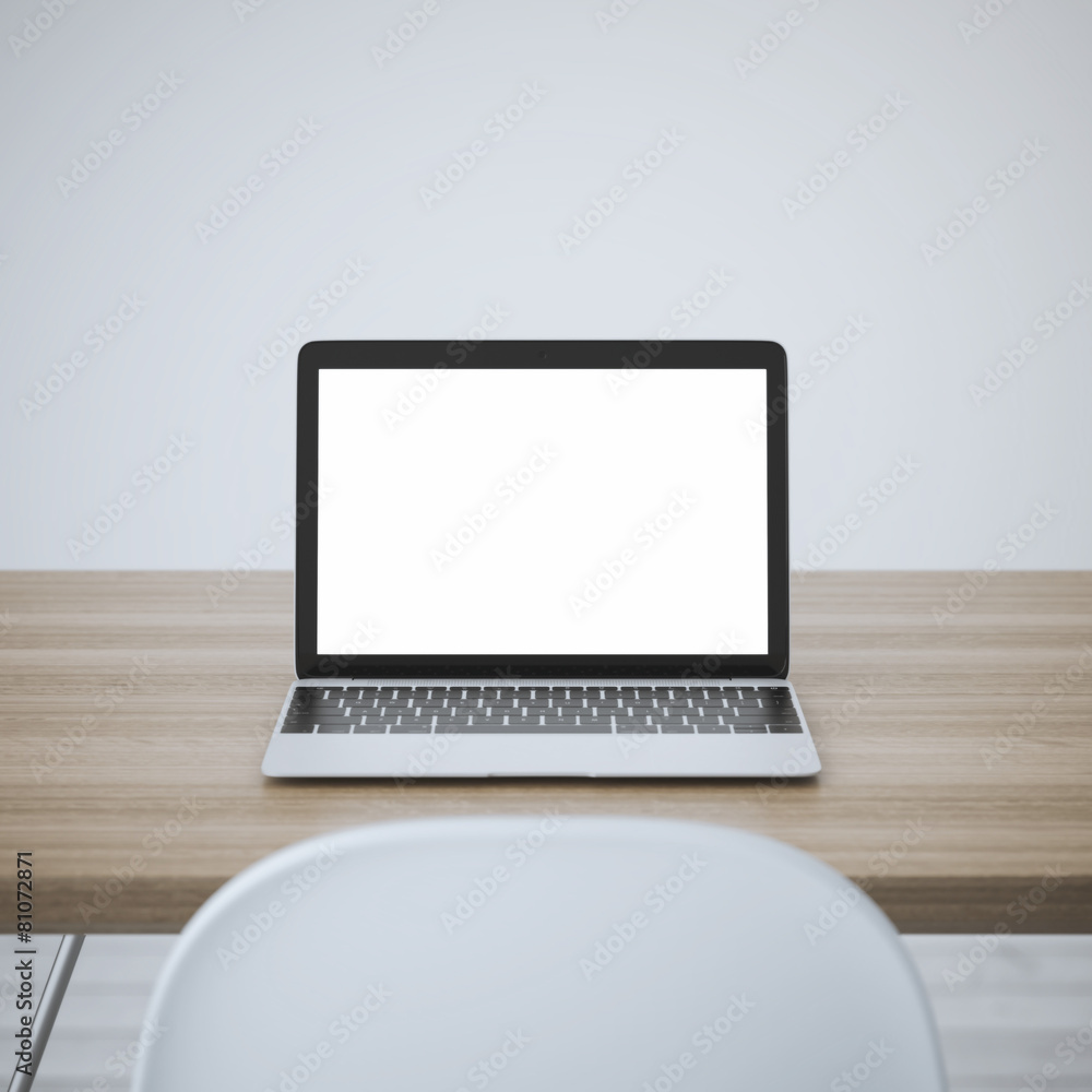 Poster laptop with blank screen on table. 3d rendering