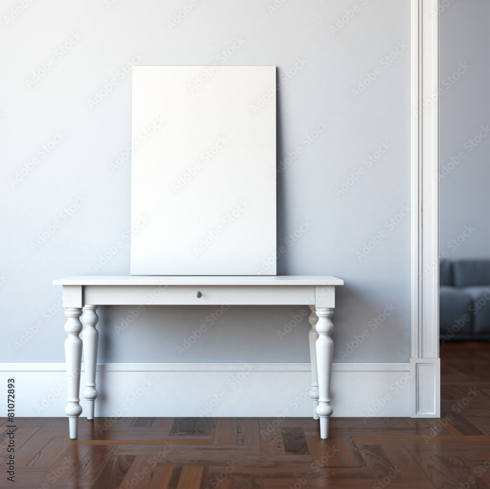Poster interior with table and blank canvas. 3d rendering
