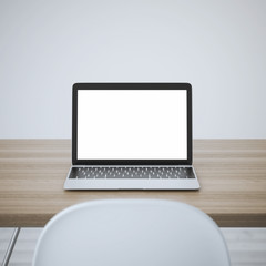 Laptop with blank screen on table. 3d rendering