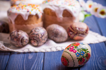 traditional esater cake kulich with colored eggs