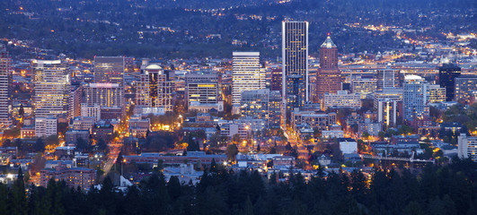 Fototapeta na wymiar Portland Oregon city lights and buildings panorama.