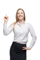 Young business lady is pointing out to the up direction