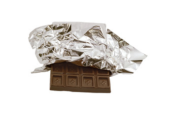 Milk chocolate bar in opened foil wrapping.