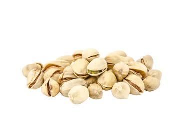 Group of pistachios closeup isolated on white