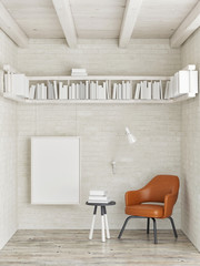 Mock up poster, bookshelf on white brick wall, 3d illustration