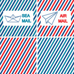 Set of air and sea mail vector illustrations on the striped