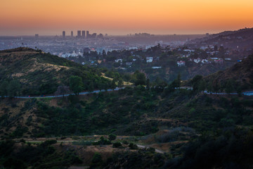 View of Hollywood and hills in Griffith Park at sunset, from Gri
