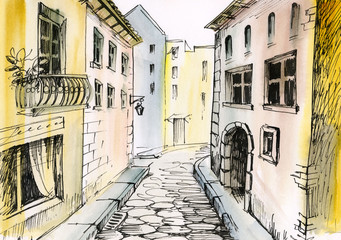 watercolor painting of a narrow street, architecture