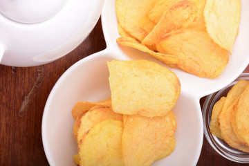Close-up of fresh, crispy potato chips