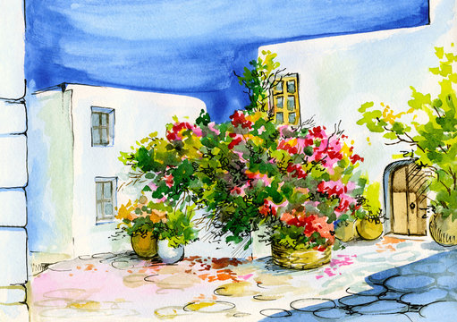 watercolor painting of bouquet of flowers in pots on the window