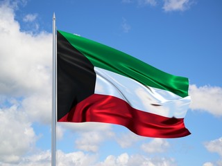 kuwait 3d flag floating in the wind in blue sky