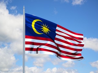 malaysia 3d flag floating in the wind in blue sky