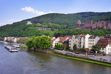 Fototapeta na wymiar Barges in the river and cityscape in summer Heidelberg