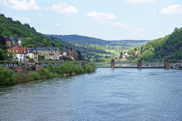 Landscape of Quay and dam on Neckar river in summer Heidelberg