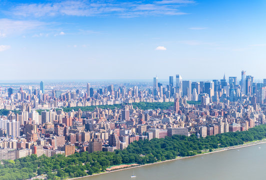 Helicopter view of Central Park and Manhattan skyscrapers as see