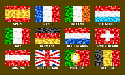Western Europe low poly flags vector illustration