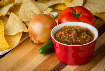 Fresh salsa in red ramekin