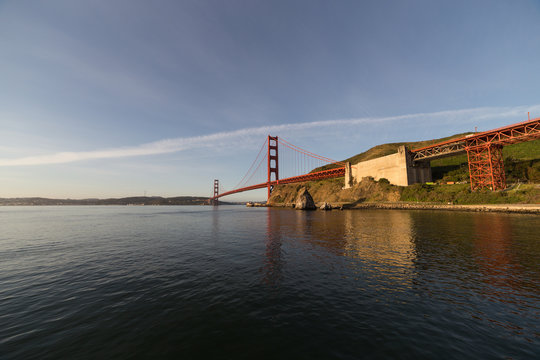 Horizontal airy image of Golden Gate in soft morning light. San