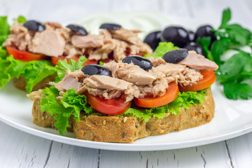 Healthy sandwiches with tuna fish on the white plate closeup