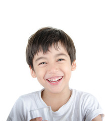 little asian boy drinks water from a glass