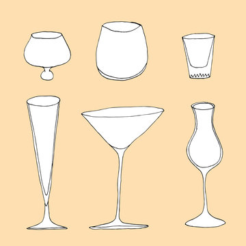 Set of different glass , hand drawn illustration in sketch style