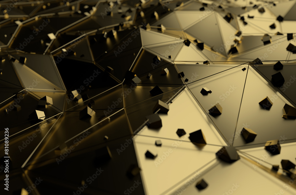Poster abstract 3d rendering of gold surface with chaotic cubes.