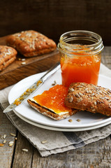 Rye bread and apricot jam sandwich with copy space