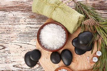 Composition of spa treatment on wooden background