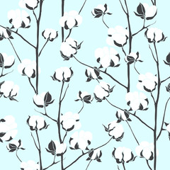 Seamless pattern with cotton branches. Vector vintage background