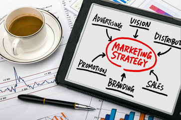 marketing strategy flowchart hand drawing on tablet pc