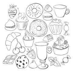 Sweets and candies sketches. Set of various doodles, hand drawn