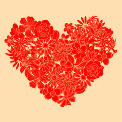 Fototapeta na wymiar Heart shape is made of hand drawn beautiful flowers, isolated on