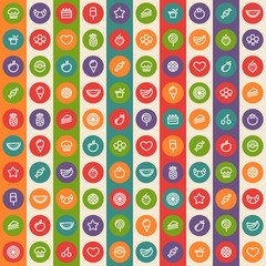 Color Striped Seamless Pattern with Dessert and Fruits Icons