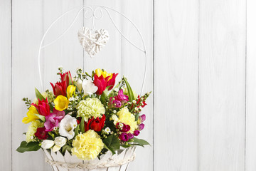 Bouquet of freesias, carnations and tulips