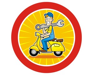 motorcycle scooter man boy repairman mechanical character vector