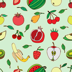 Seamless pattern with set of sweet fruits and berries. Apples, w
