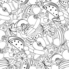 Fototapeta premium Seamless pattern with set of sweet fruits and berries. Apples, w