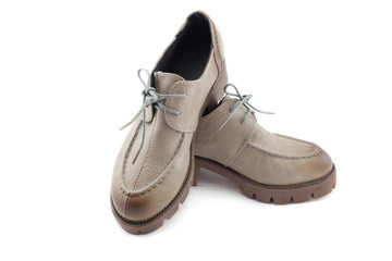 lady leather shoes with shoelace gradient bown on white backgrou