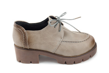 lady leather shoes with shoelace gradient bown on white backgrou