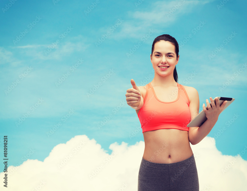 Poster sporty woman with tablet pc computer