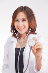 Asian medicine doctor woman, closeup portrait on white backgroun