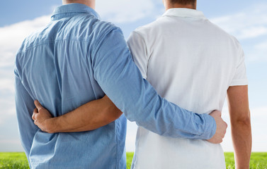 close up of happy male gay couple hugging