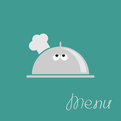 Silver platter cloche Chef hat with eyes. Menu card Flat design