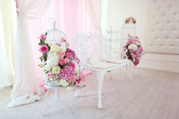 Beautiful wedding flowers in restaurant