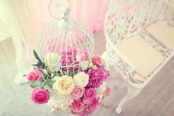 Beautiful wedding flowers in restaurant
