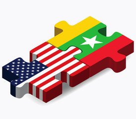 USA and Myanmar Flags in puzzle