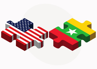 USA and Myanmar Flags in puzzle