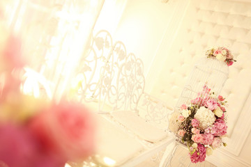 Beautiful wedding flowers in restaurant