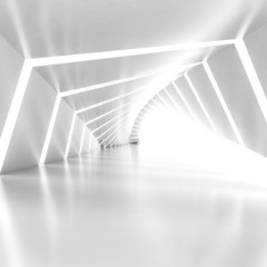 Abstract empty illuminated white shining bent corridor interior